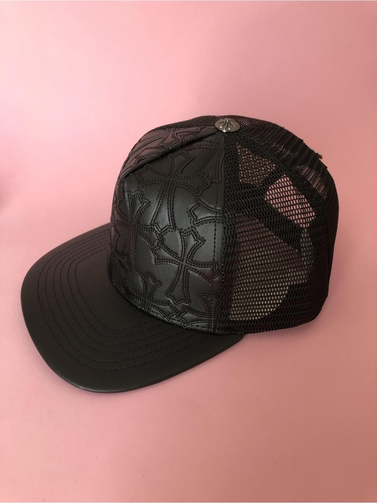 Chrome Hearts Black Trucker Hat with Leather Cross Logo Baseball Cap